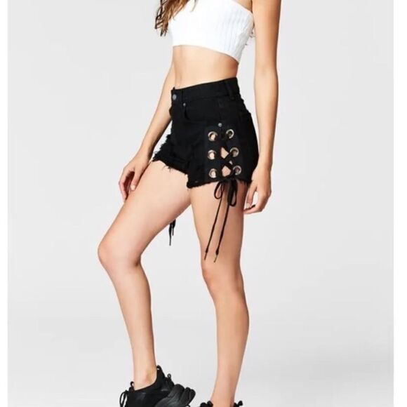 LF Carmar High Waist Side Lace Denim Jean Shorts - Picture 1 of 12